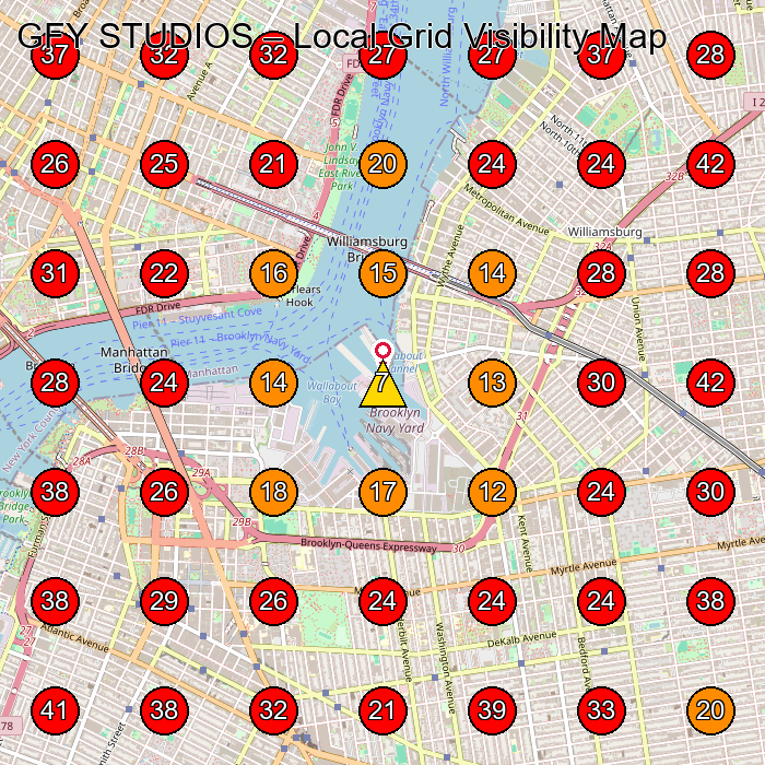 GFY STUDIOS GeoGrid visibility map for Hair Salon in Brooklyn